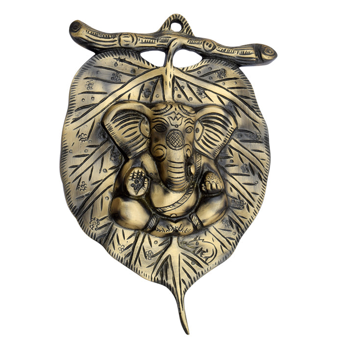 Allied Ganesha On Leaf Wall Hanging Brass Metal Lord Ganesh ji on Paan Leaf Wall Hanging Sculpture Decorative Religious Showpiece for Home Wall Decor, Pooja Room, Temple & House Warming Gift Purpose