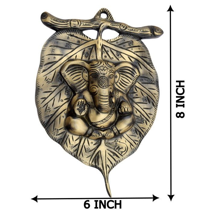 Allied Ganesha On Leaf Wall Hanging Brass Metal Lord Ganesh ji on Paan Leaf Wall Hanging Sculpture Decorative Religious Showpiece for Home Wall Decor, Pooja Room, Temple & House Warming Gift Purpose