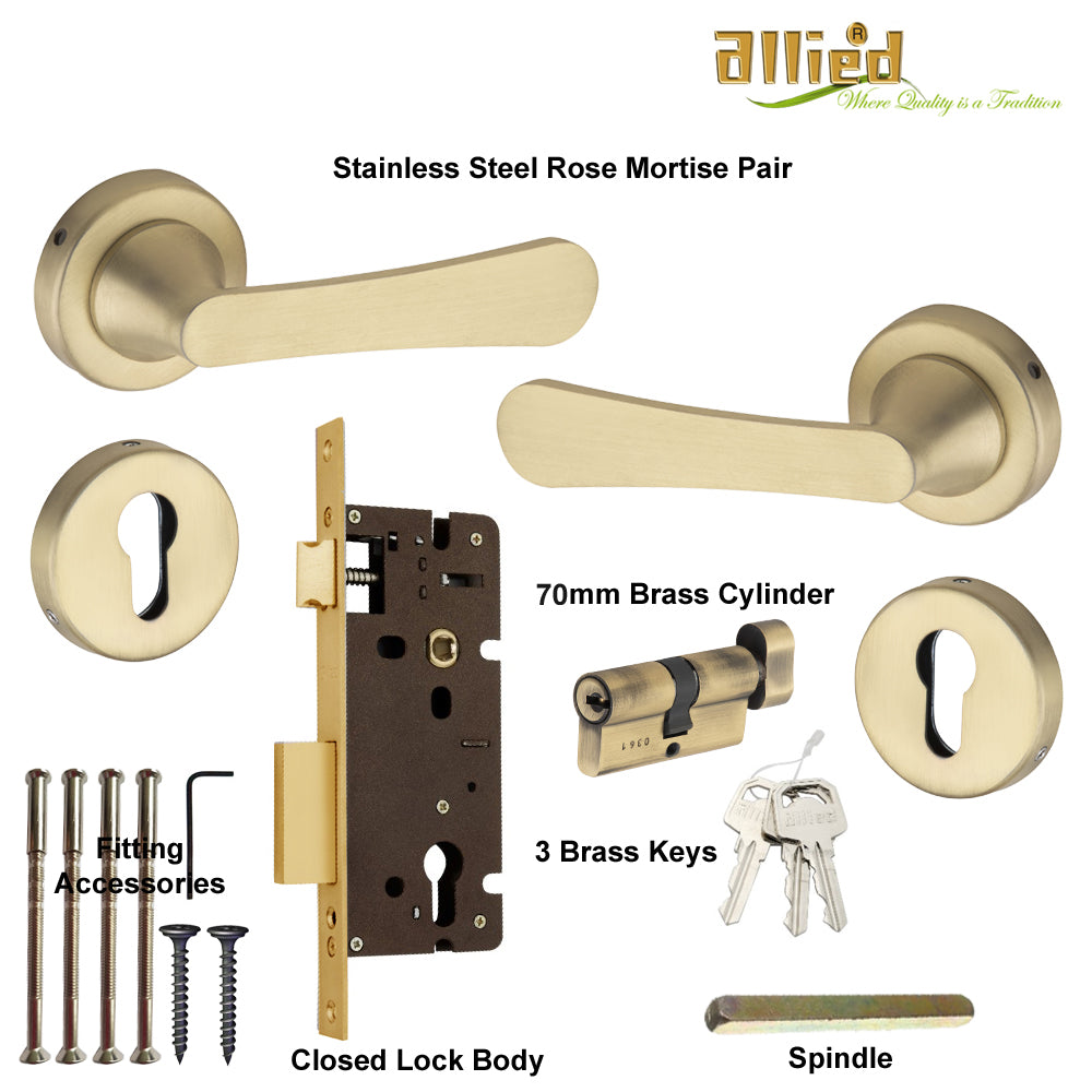 Stainless Steel Rose Handle Lock Set No. 410 Brass Antique