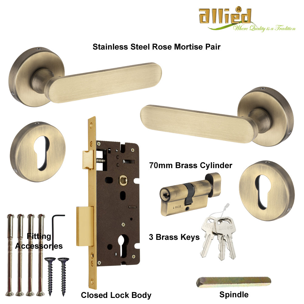 Stainless Steel Rose Handle Lock Set No. 413 Brass Antique Finish