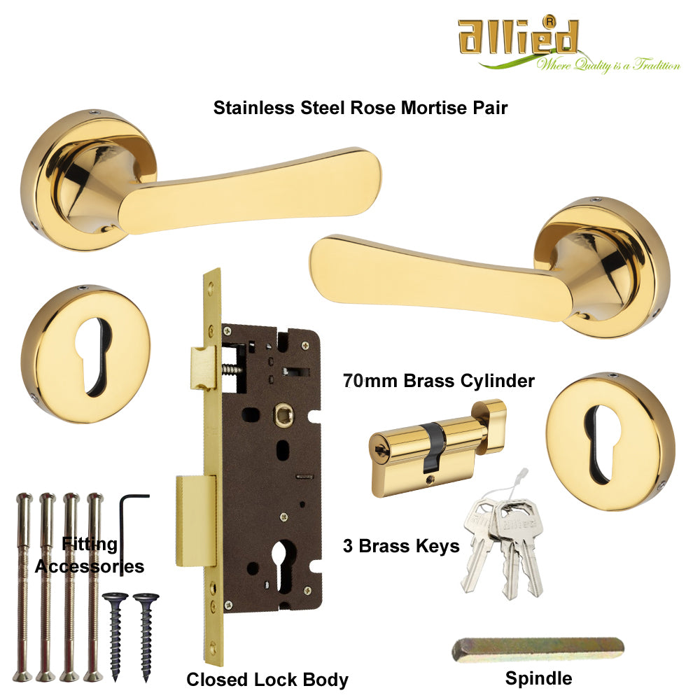 Stainless Steel Rose Handle Lock Set No. 410 PVD Gold Finish