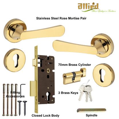 Stainless Steel Rose Handle Lock Set No. 410 PVD Gold Finish