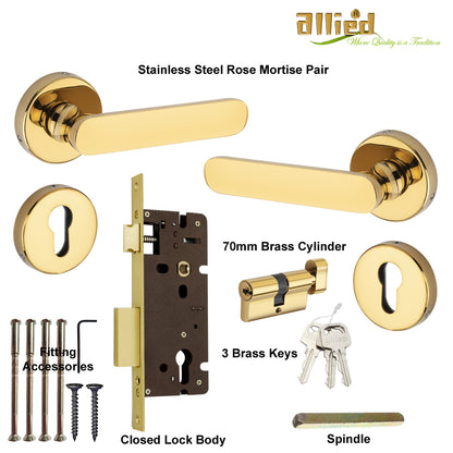 Stainless Steel Rose Handle Lock Set No. 413 PVD Gold Finish