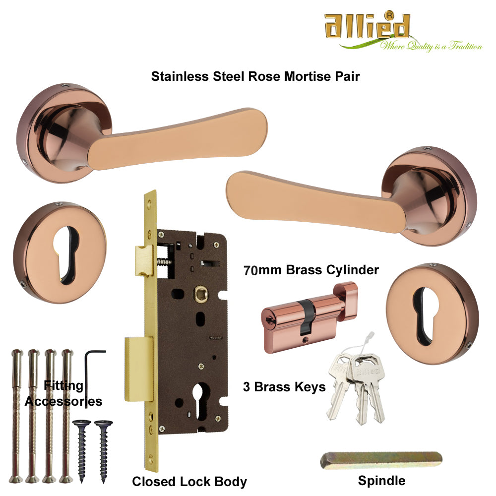 Stainless Steel Rose Handle Lock Set No. 410 PVD Rose Gold Finish