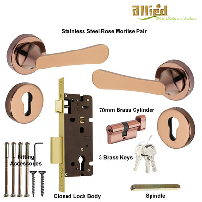 Stainless Steel Rose Handle Lock Set No. 410 PVD Rose Gold Finish
