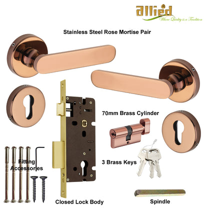 Stainless Steel Rose Handle Lock Set No. 413 PVD Rose Gold Finish