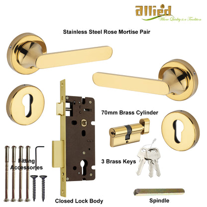 Stainless Steel Rose Handle Lock Set No. 411 PVD Gold Finish