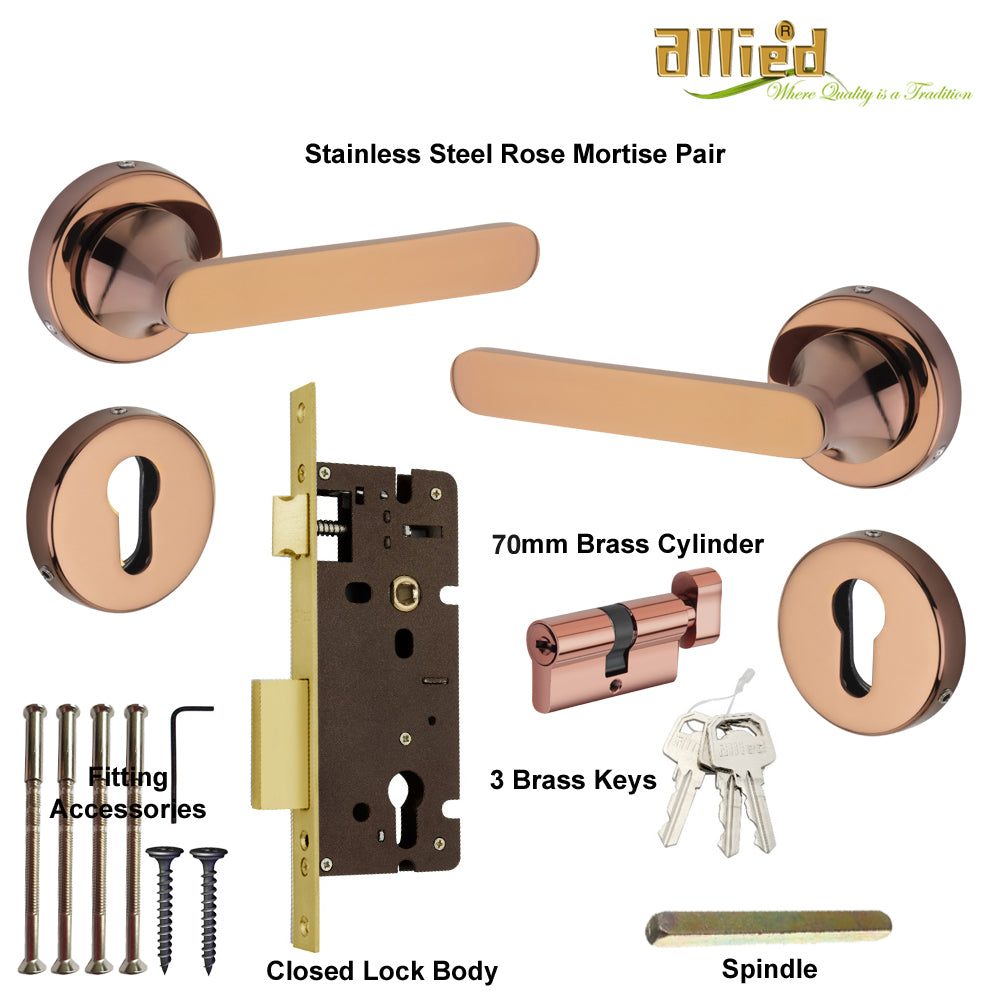 Stainless Steel Rose Handle Lock Set No. 411 PVD Rose Gold Finish