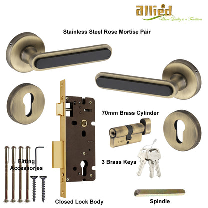 Stainless Steel Rose Handle Lock Set No. 412 Brass Antique