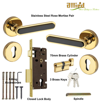 Stainless Steel Rose Handle Lock Set No. 412 PVD Gold Finish