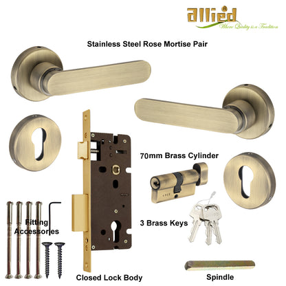 Stainless Steel Rose Handle Lock Set No. 414 Brass Antique