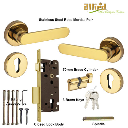 Stainless Steel Rose Handle Lock Set No. 414 PVD Gold Finish