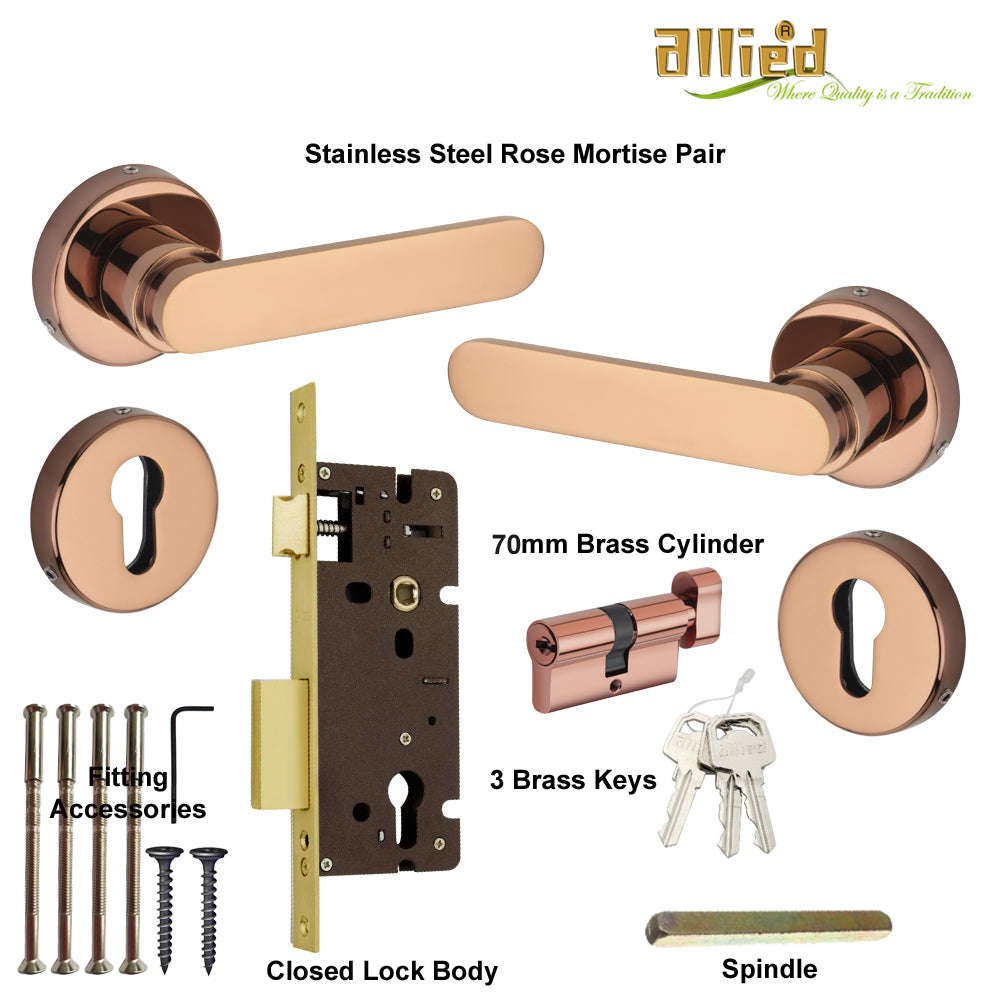 Stainless Steel Rose Handle Lock Set No. 414 PVD Rose Gold Finish