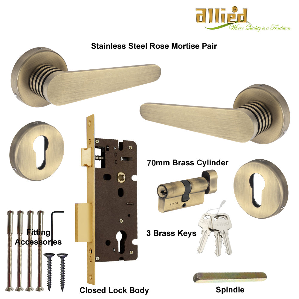 Stainless Steel Rose Handle Lock Set No. 415 Brass Antique