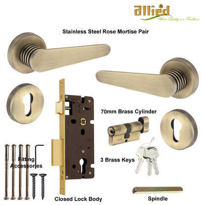 Stainless Steel Rose Handle Lock Set No. 415 Brass Antique