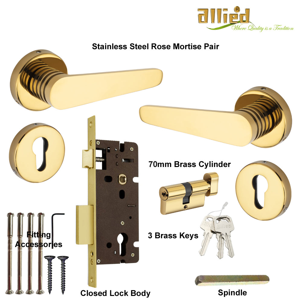 Stainless Steel Rose Handle Lock Set No. 415 PVD Gold Finish