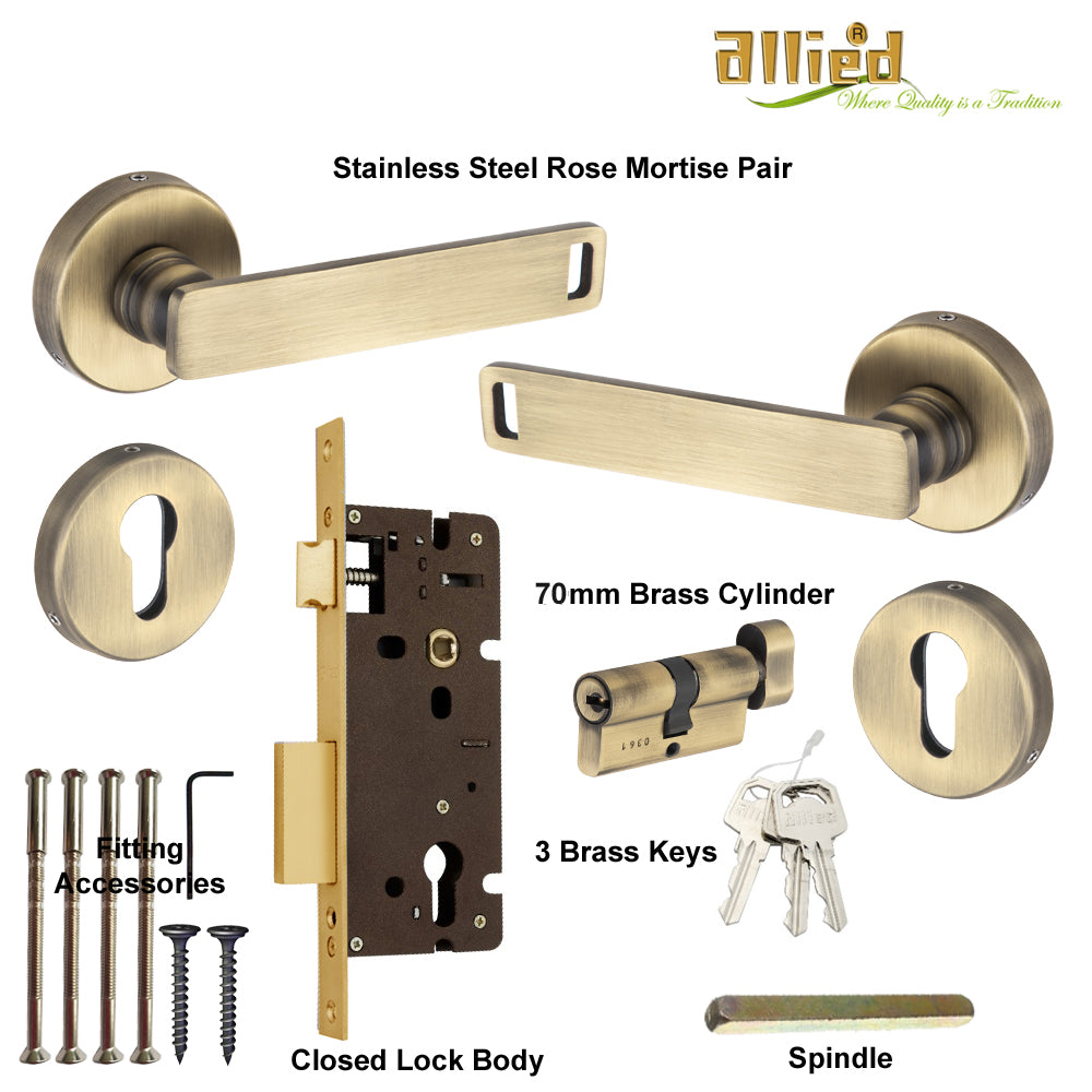 Stainless Steel Rose Handle Lock Set No. 416 Brass Antique