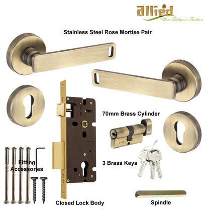 Stainless Steel Rose Handle Lock Set No. 416 Brass Antique
