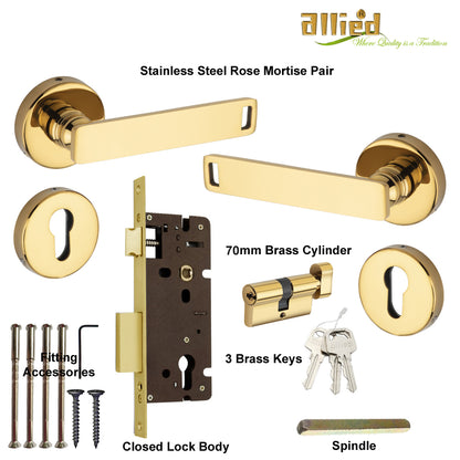 Stainless Steel Rose Handle Lock Set No. 416 PVD Gold Finish