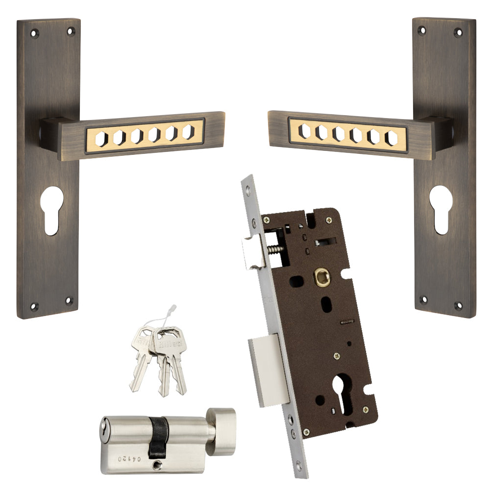 Allied  Brass Mortise Handle Set with CY Lock Body | 3 Keys | 60 mm One Side Knob Cylinder | Code - BM12